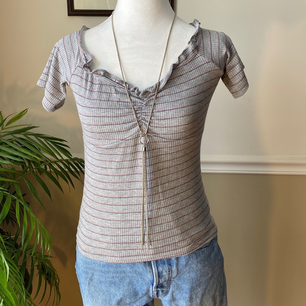 Ribbed T-Shirt Women’s, Gray Striped, Medium